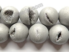 Frosted Silver Druzy Crystal  -  Smooth Round Beads 16"