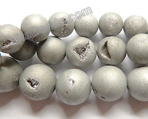 Frosted Silver Druzy Crystal  -  Smooth Round Beads 16"