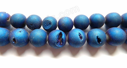 Frosted Sapphire Druzy Crystal  -  Big Smooth Round Beads 16"