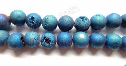 Frosted Sapphire Druzy Crystal  -  Smooth Round Beads 15"