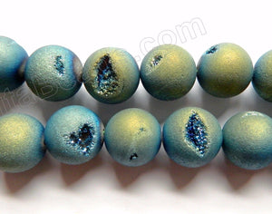 Frosted Blue Green Peacock Druzy Crystal  -  Smooth Round Beads 16"