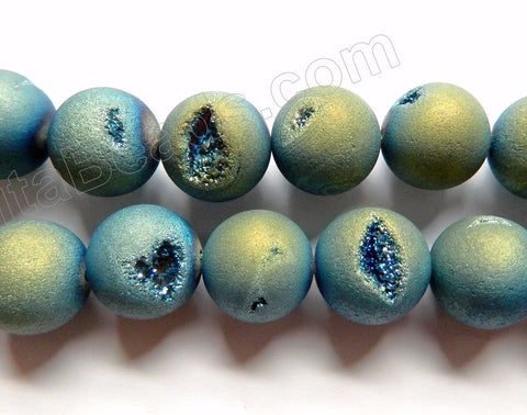 Frosted Blue Green Peacock Druzy Crystal  -  Smooth Round Beads 16"