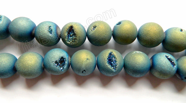 Frosted Blue Green Peacock Druzy Crystal  -  Smooth Round Beads 16"