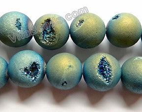 Frosted Blue Green Peacock Druzy Crystal  -  Smooth Round Beads 16"