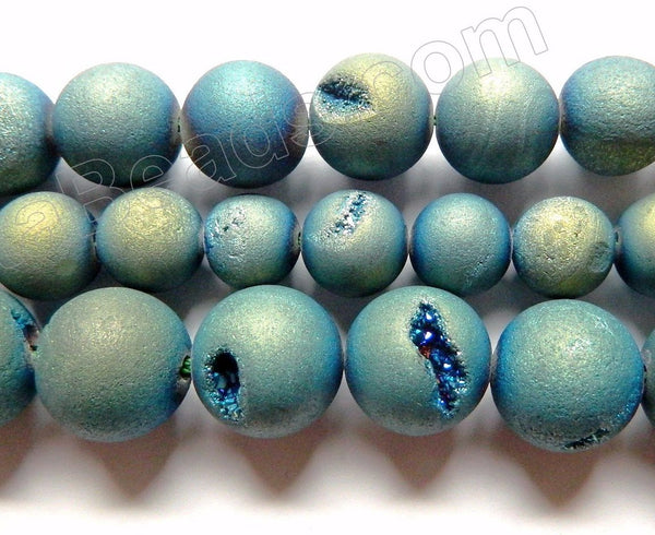 Frosted Blue Green Peacock Druzy Crystal  -  Smooth Round Beads 16"