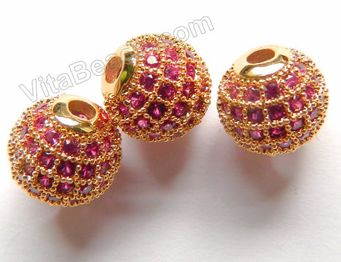 Ruby Cubic Zirconia Micro Paved - Gold Brass Round Beads