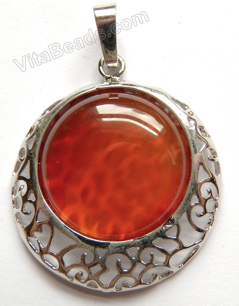 Carnelian - Smooth Round Pendant w/ Silver Bail Setting