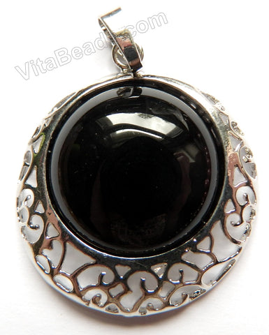 Black Onyx - Smooth Round Pendant w/ Silver Bail Setting