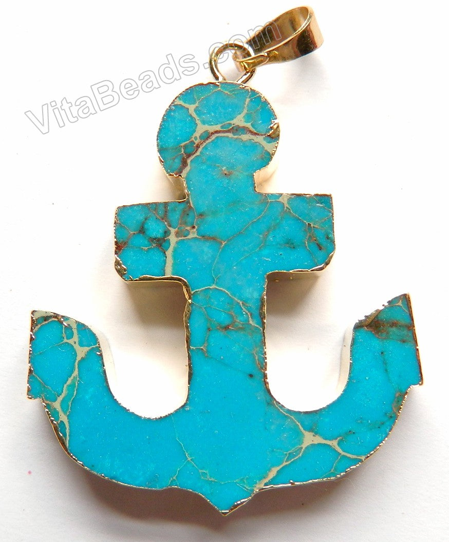 Aqua Impression Jasper -  Anchor Pendant w/ Gold Bail