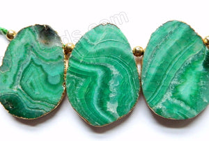Green Fire Agate  -  Thick Smooth Flat Briolette Slab w Gold Trim 3 pc