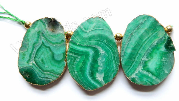 Green Fire Agate  -  Thick Smooth Flat Briolette Slab w Gold Trim 3 pc