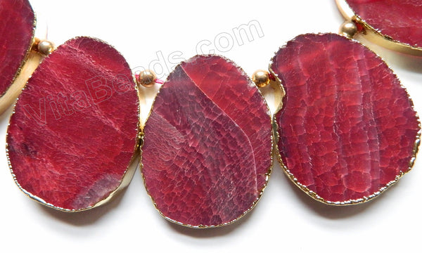 Fuchsia Fire Agate  -  Thick Smooth Flat Briolette Slab w Gold Trim 3 pc