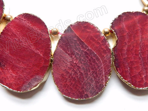 Fuchsia Fire Agate  -  Thick Smooth Flat Briolette Slab w Gold Trim 3 pc