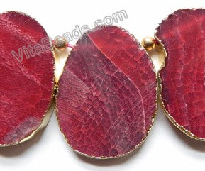 Fuchsia Fire Agate  -  Thick Smooth Flat Briolette Slab w Gold Trim 3 pc