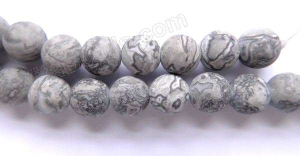 Frosted Black &. White Marble Jasper (Grey Picasso Jasper)  -  Smooth Round Beads  16"