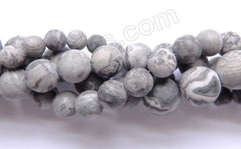 Frosted Black &. White Marble Jasper (Grey Picasso Jasper)  -  Smooth Round Beads  16"