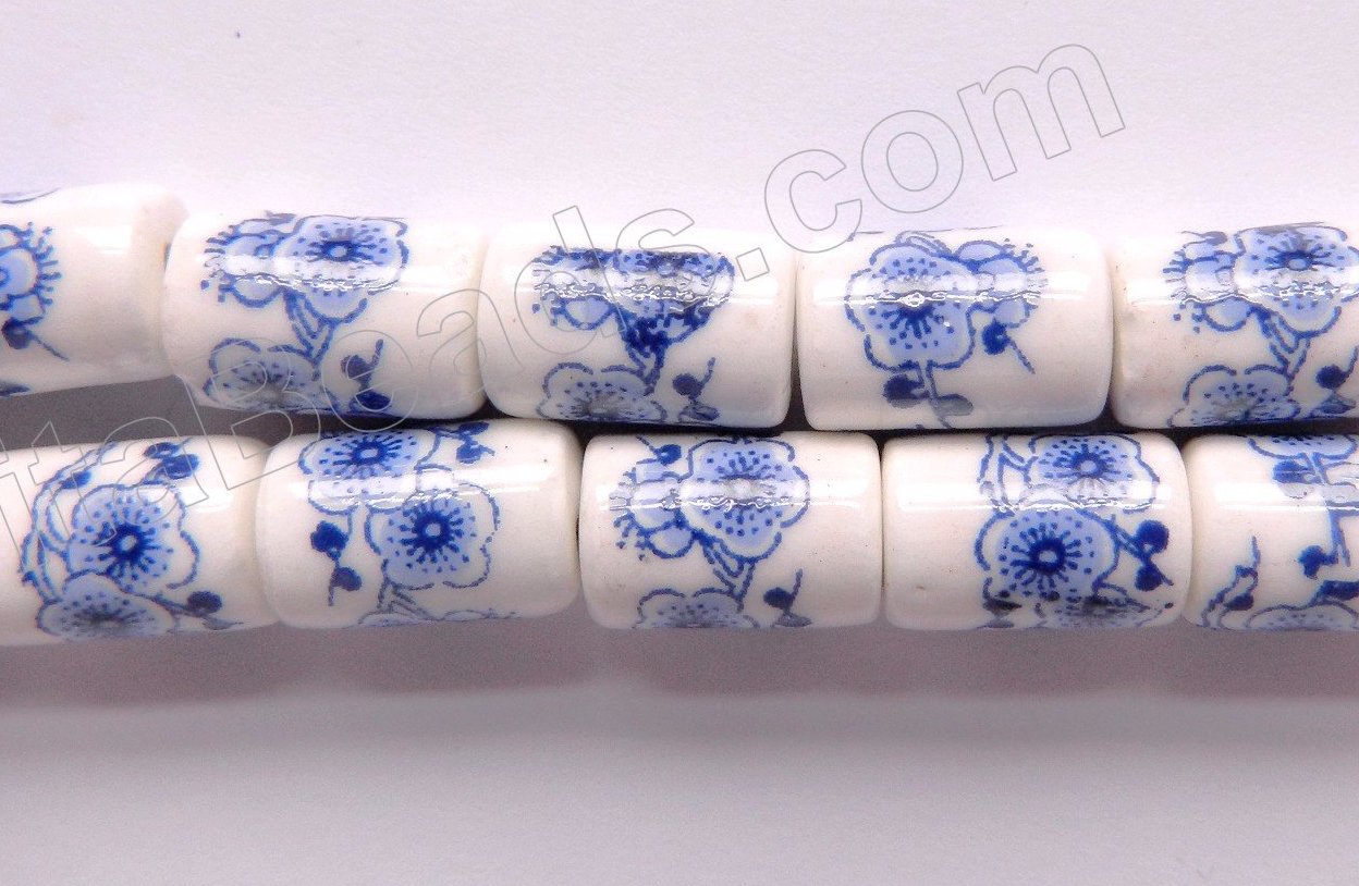 Porcelain Beads - Blue &. White   8 x 13 mm "Cherry Blossom" Round Tube, Cylinder