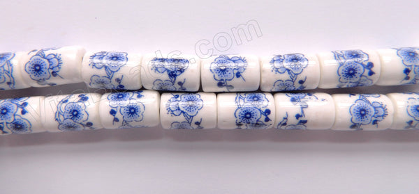 Porcelain Beads - Blue &. White   8 x 13 mm "Cherry Blossom" Round Tube, Cylinder