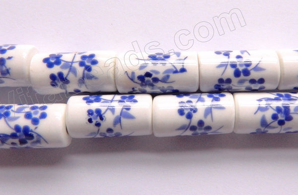 Porcelain Beads - Blue &. White   9 x 18 mm "Flower" Round Tube, Cylinder