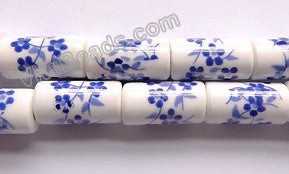 Porcelain Beads - Blue &. White   9 x 18 mm "Flower" Round Tube, Cylinder