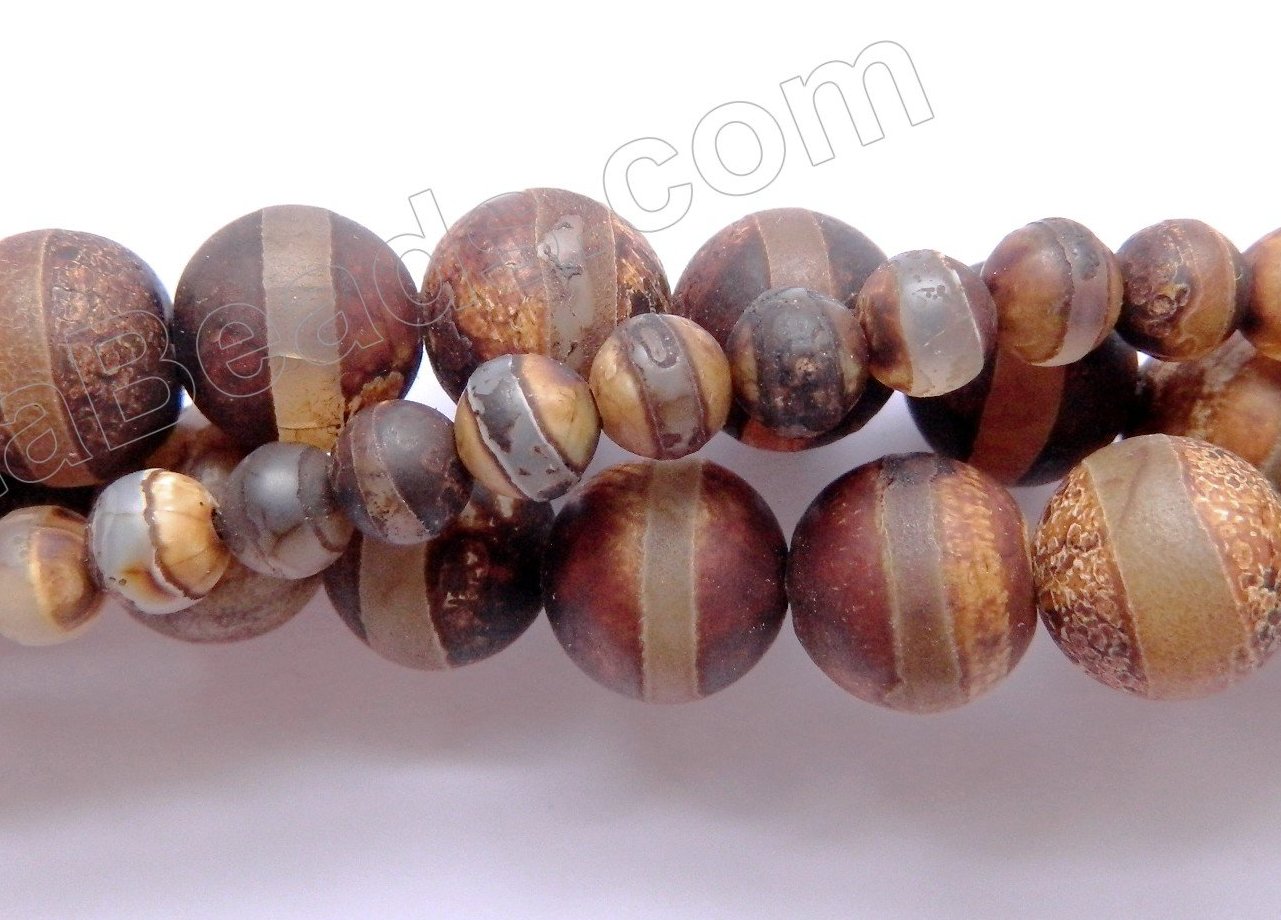 Frosted Dark Walnut Tibetan Line Agate  -  Smooth Round Beads  15"