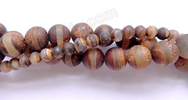 Frosted Dark Walnut Tibetan Line Agate  -  Smooth Round Beads  15"
