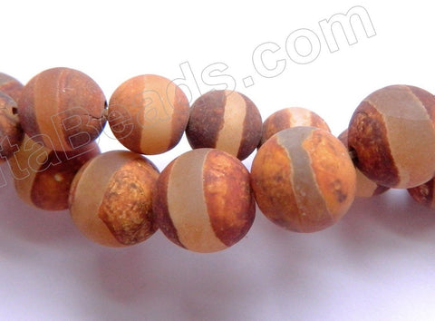 Frosted Bright Brown Tibetan Line Agate  -  Smooth Round Beads  15"