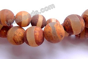 Frosted Bright Brown Tibetan Line Agate  -  Smooth Round Beads  15"
