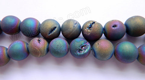 Frosted Dark Peacock Druzy Crystal  -  Big Smooth Round Beads 16"