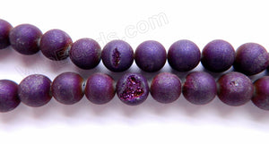 Frosted Dark Purple Druzy Crystal  -  Smooth Round Beads 16"