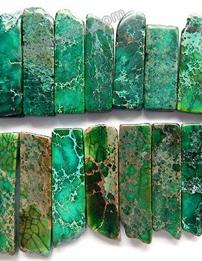Emerald Impression Jasper  -  Graduated Top-drilled Long Rectangle Slabs  16"    10 x 20 mm to 10 x 50 mm