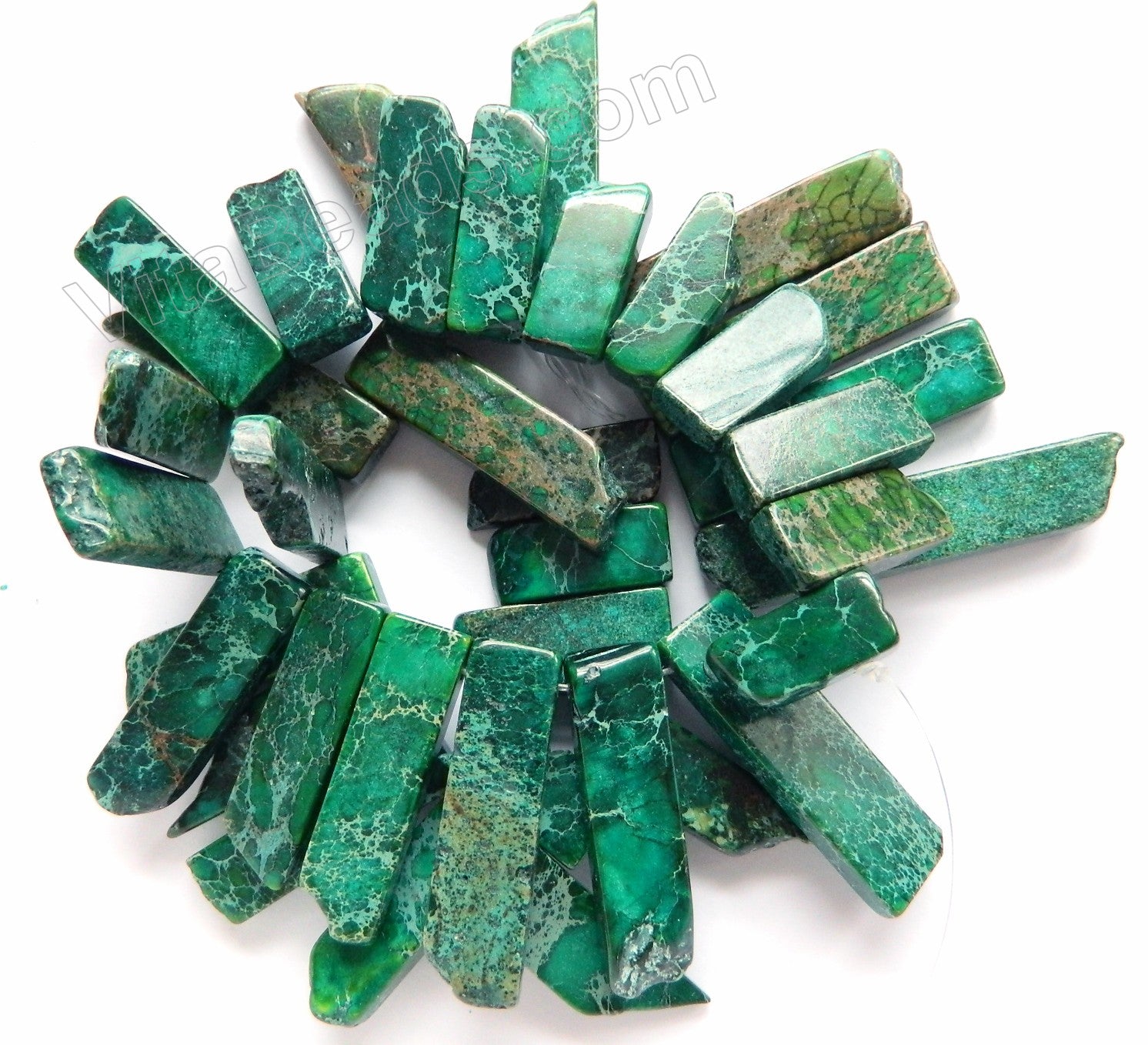 Emerald Impression Jasper  -  Graduated Top-drilled Long Rectangle Slabs  16"    10 x 20 mm to 10 x 50 mm
