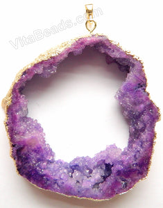 Druzy Crystal Hollow Pendant - Purple - 01 w/ Gold Edge &. Bail