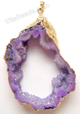 Druzy Crystal Hollow Pendant - Purple - 03 w/ Gold Edge &. Bail