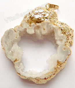Druzy Crystal Hollow Pendant - White - 11 w/ Gold Edge &. Bail