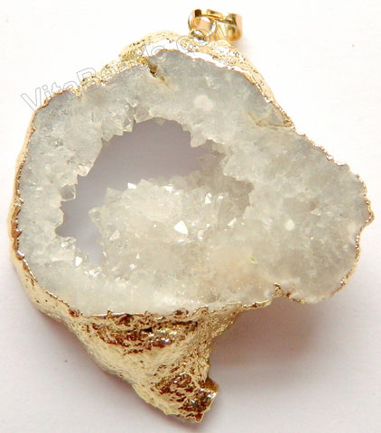Druzy Crystal Hollow Pendant - White - 13 w/ Gold Edge &. Bail
