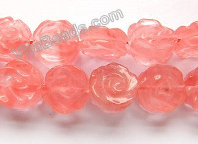 Cherry Quartz  -  Carved Rose Coins Strand  15"    14 x 14 x 7 mm
