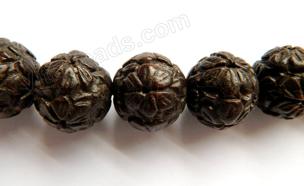 Ebony Carved Round Beads  -  Dark Brown