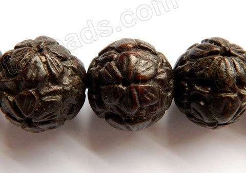 Ebony Carved Round Beads  -  Dark Brown