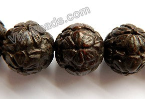 Ebony Carved Round Beads  -  Dark Brown