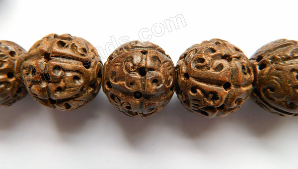 Ebony Carved Round Beads  -  Light Brown