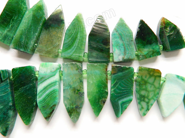 Green Fire Agate  -  Graduated Top-drilled Flat Pointy Slabs  16"    15 x 25 to 18 x 55 mm