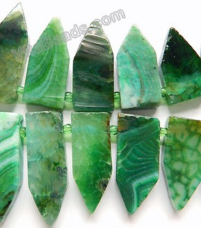 Green Fire Agate  -  Graduated Top-drilled Flat Pointy Slabs  16"    15 x 25 to 18 x 55 mm