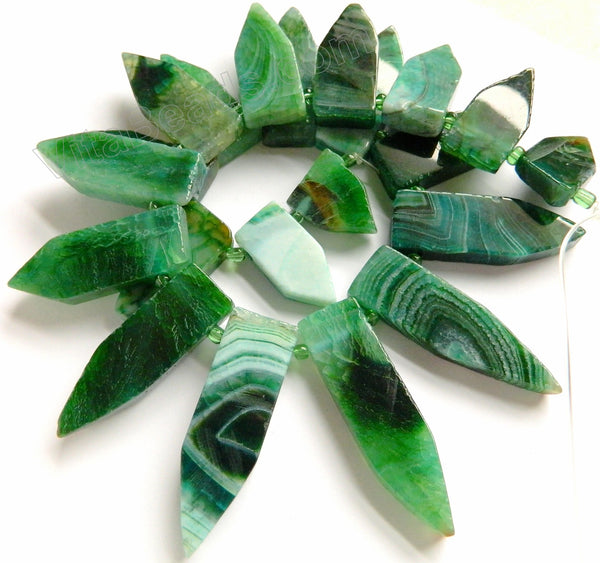 Green Fire Agate  -  Graduated Top-drilled Flat Pointy Slabs  16"    15 x 25 to 18 x 55 mm