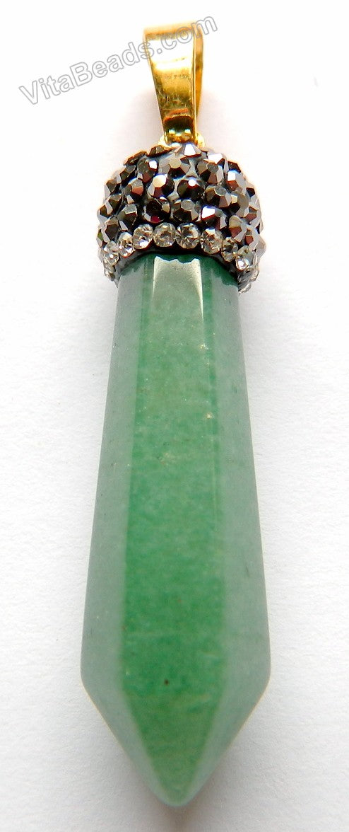 Green Aventurine - Marcasite Topped 6-Side Pendulum Pendant w/ Gold Bail