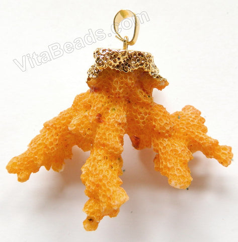 Orange Yellow Sponge Coral A  -  Free Form Tooth Pendant   Gold Plated Bail