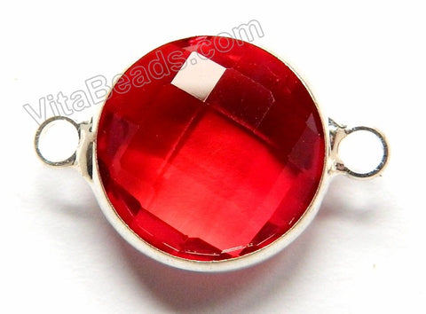 Bright Red Crystal  -  Silver Trim Faceted Round Connector