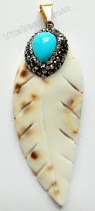 Shell Pendant - Carved Long Leaf Crystal Paved Bail with Blue Turquoise