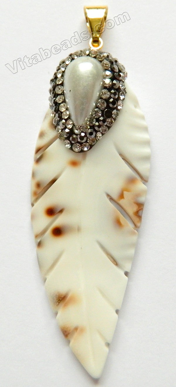Shell Pendant  -  Carved Long Leaf Crystal Paved Bail with Pearl