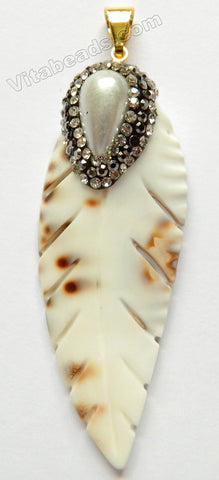 Shell Pendant  -  Carved Long Leaf Crystal Paved Bail with Pearl